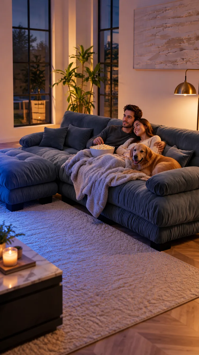 Couple watching a movie with popcorn on the Cove cloud sectional